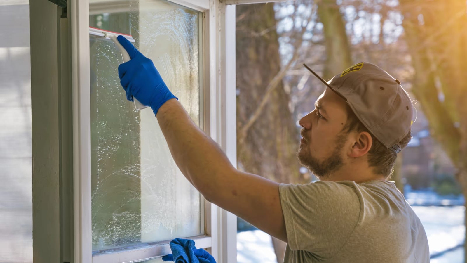 Window cleaner washing residential window in Sonora, CA