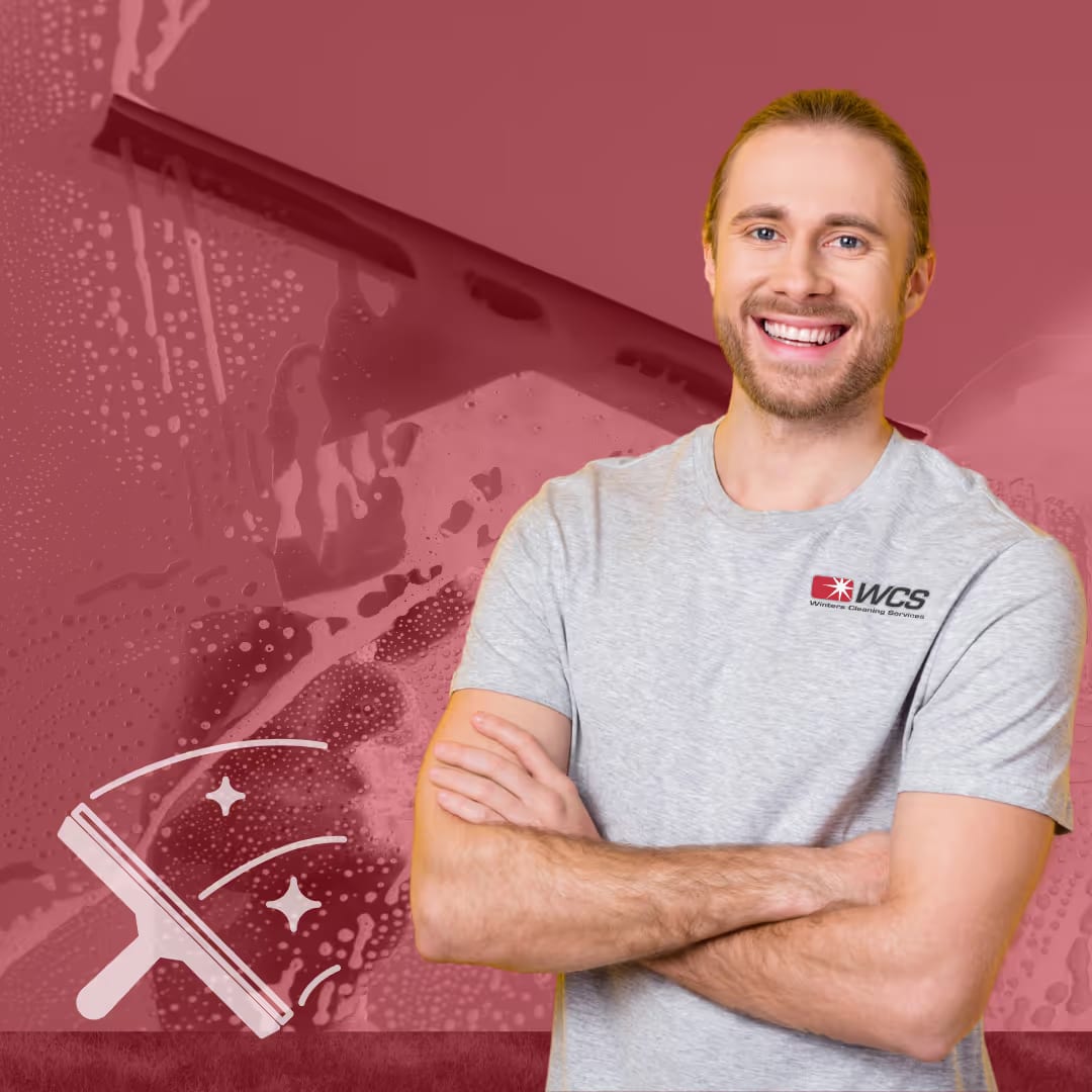 Professional window cleaning technician with squeegee graphic representing expert glass cleaning services in Sonora, CA
